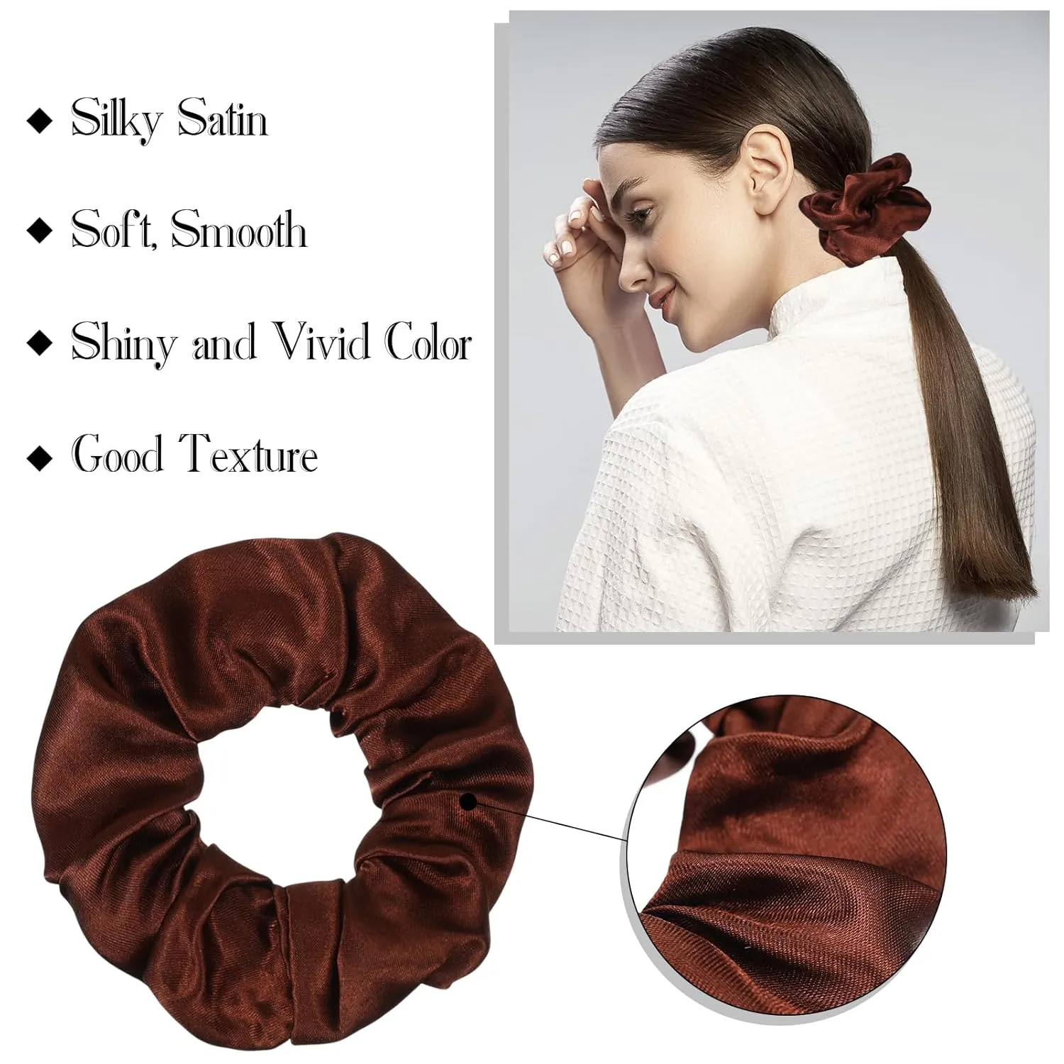 Hoteam 200 Pieces Satin Hair Scrunchies Bulk for Ponytail Holder Solid Color Satin Hair Tie Hair Elastics Bands for Women Teens Birthday Gift (Brown)