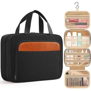 HOTOR Travel Toiletry Bag for Women & Men, Waterproof Makeup Bag with Hanging Hook and Multiple Pockets, Cosmetic Bags for Women, Travel Essentials, 11.2'' x 3.2'' x 8.9'', Black & Brown