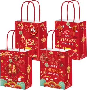 HOWAF 12pcs Chinese New Year Gift Bags Happy Chinese New Year Decoration Treat Bags with Handle for Spring Festival Party Supplies 2025 Year of the Snake Goodie Bags Lunar New Year Candy Bags