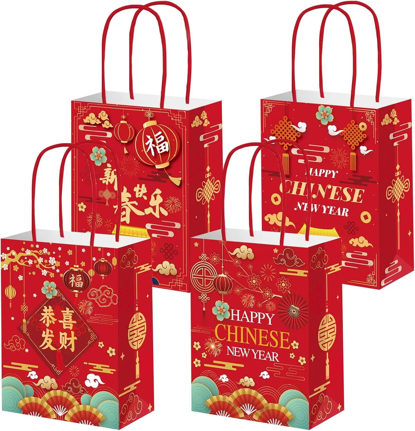 HOWAF 12pcs Chinese New Year Gift Bags Happy Chinese New Year Decoration Treat Bags with Handle for Spring Festival Party Supplies 2025 Year of the Snake Goodie Bags Lunar New Year Candy Bags