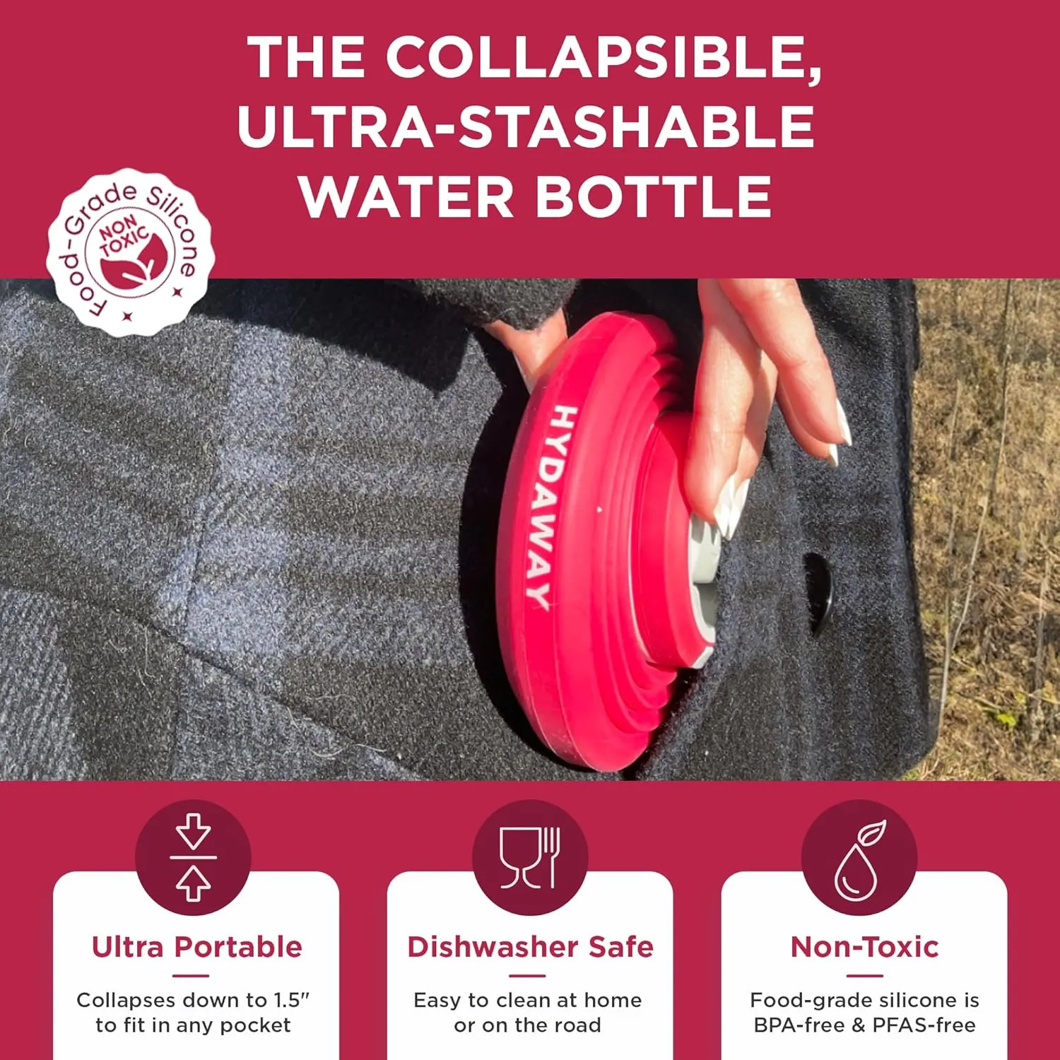 HYDAWAY Collapsible Water Bottle - 25oz I Reusable Water Bottle with Flip Top Lid for Travel, Hiking, Backpacking I Portable & Leakproof, Food-Grade Silicone, BPA Free, Collapses to 1.5”