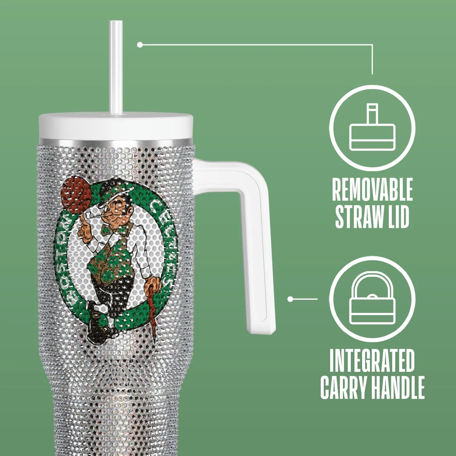 Hydrapeak x NBA Officially Licensed Boston Celtics Voyager 40 oz Stainless Steel Bling Tumbler with Handle, Insulated Rhinestone Water Bottle With Straw & Lid, Includes Gift Box