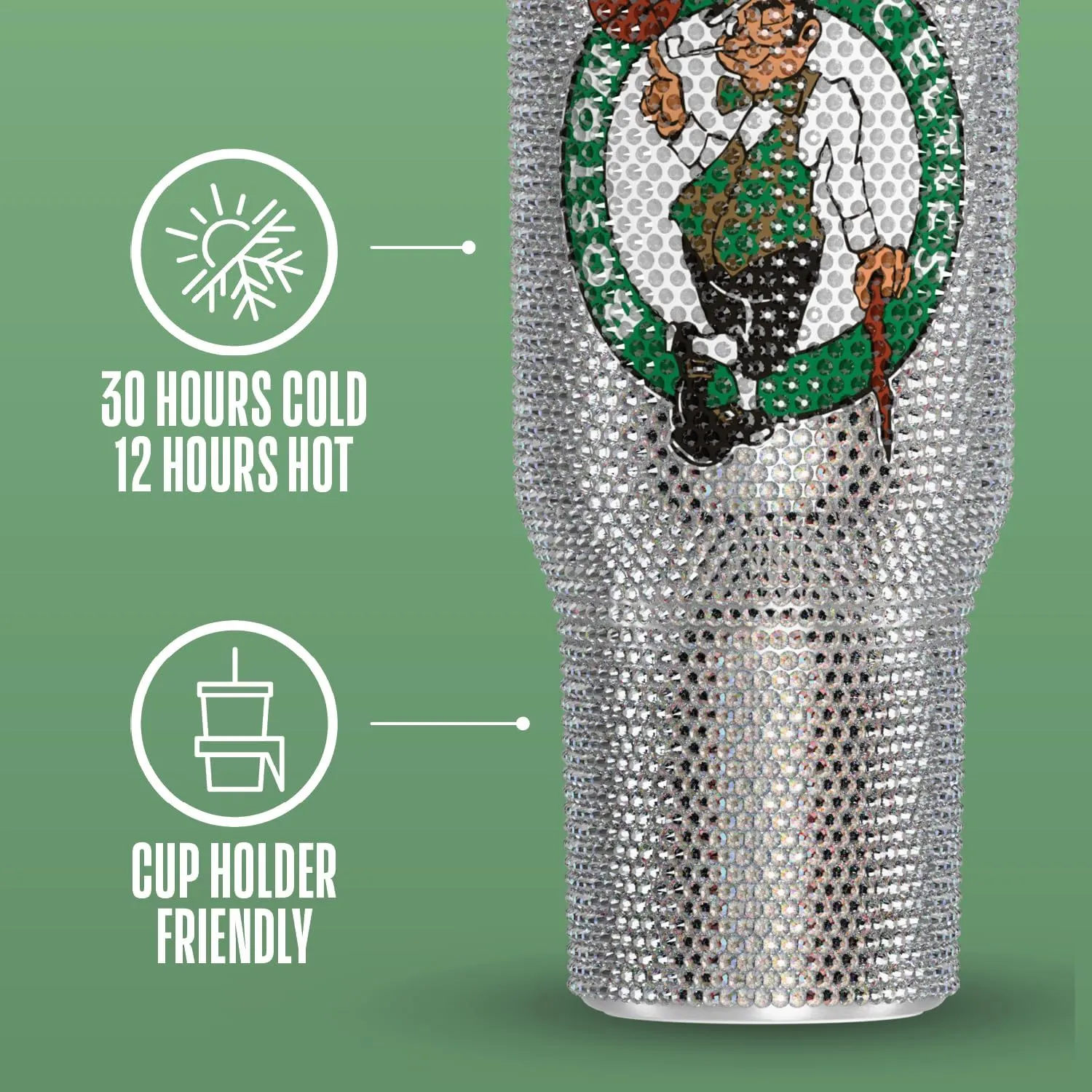 Hydrapeak x NBA Officially Licensed Boston Celtics Voyager 40 oz Stainless Steel Bling Tumbler with Handle, Insulated Rhinestone Water Bottle With Straw & Lid, Includes Gift Box
