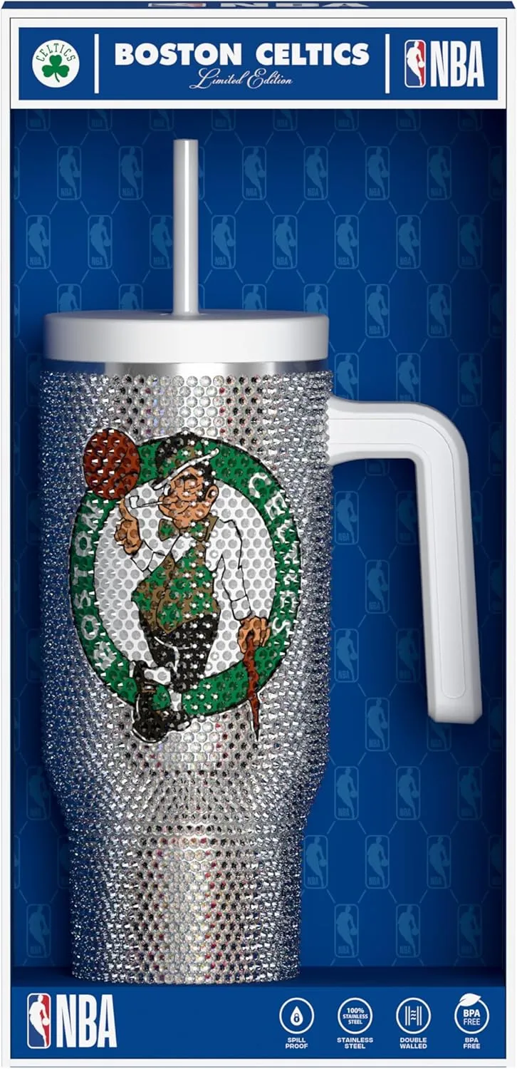 Hydrapeak x NBA Officially Licensed Boston Celtics Voyager 40 oz Stainless Steel Bling Tumbler with Handle, Insulated Rhinestone Water Bottle With Straw & Lid, Includes Gift Box