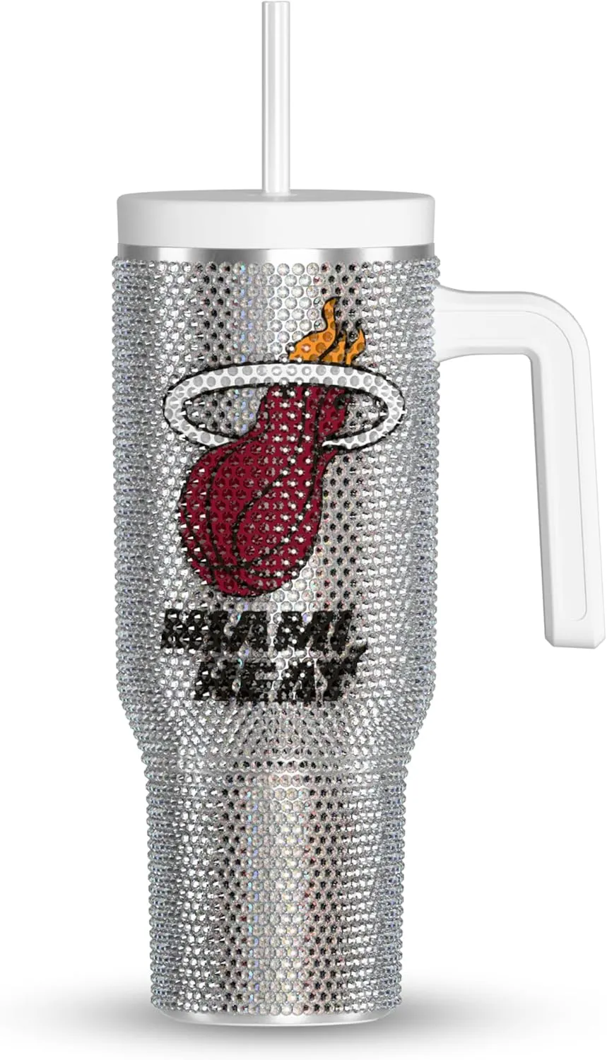 Hydrapeak x NBA Officially Licensed Miami Heat Voyager 40 oz Stainless Steel Bling Tumbler with Handle, Insulated Rhinestone Water Bottle With Straw & Lid, Includes Gift Box