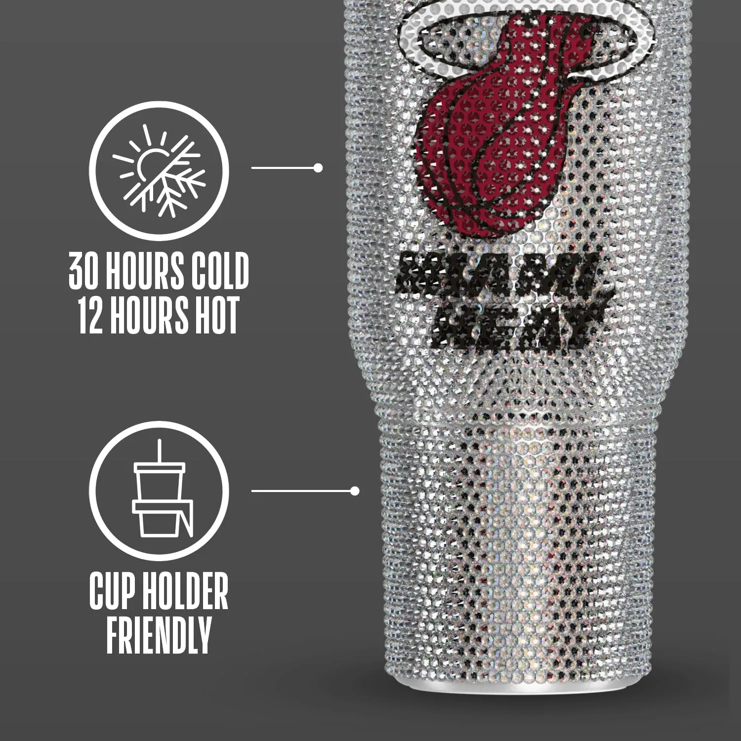 Hydrapeak x NBA Officially Licensed Miami Heat Voyager 40 oz Stainless Steel Bling Tumbler with Handle, Insulated Rhinestone Water Bottle With Straw & Lid, Includes Gift Box