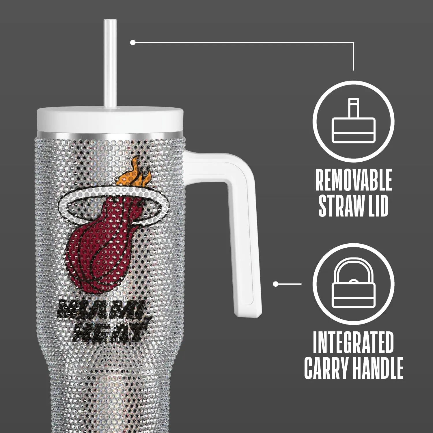 Hydrapeak x NBA Officially Licensed Miami Heat Voyager 40 oz Stainless Steel Bling Tumbler with Handle, Insulated Rhinestone Water Bottle With Straw & Lid, Includes Gift Box