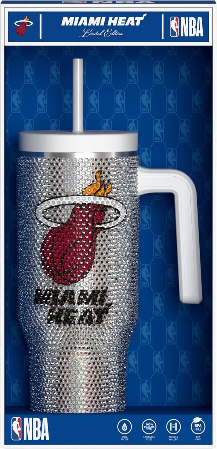 Hydrapeak x NBA Officially Licensed Miami Heat Voyager 40 oz Stainless Steel Bling Tumbler with Handle, Insulated Rhinestone Water Bottle With Straw & Lid, Includes Gift Box