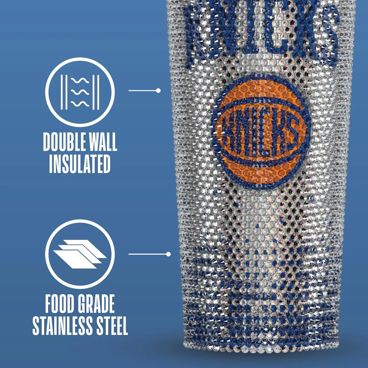 Hydrapeak x NBA Officially Licensed New York Knicks 25 oz Rhinestone Bling Tumbler with Straw Lid, Glitter Leakproof Stainless Steel Water Bottle