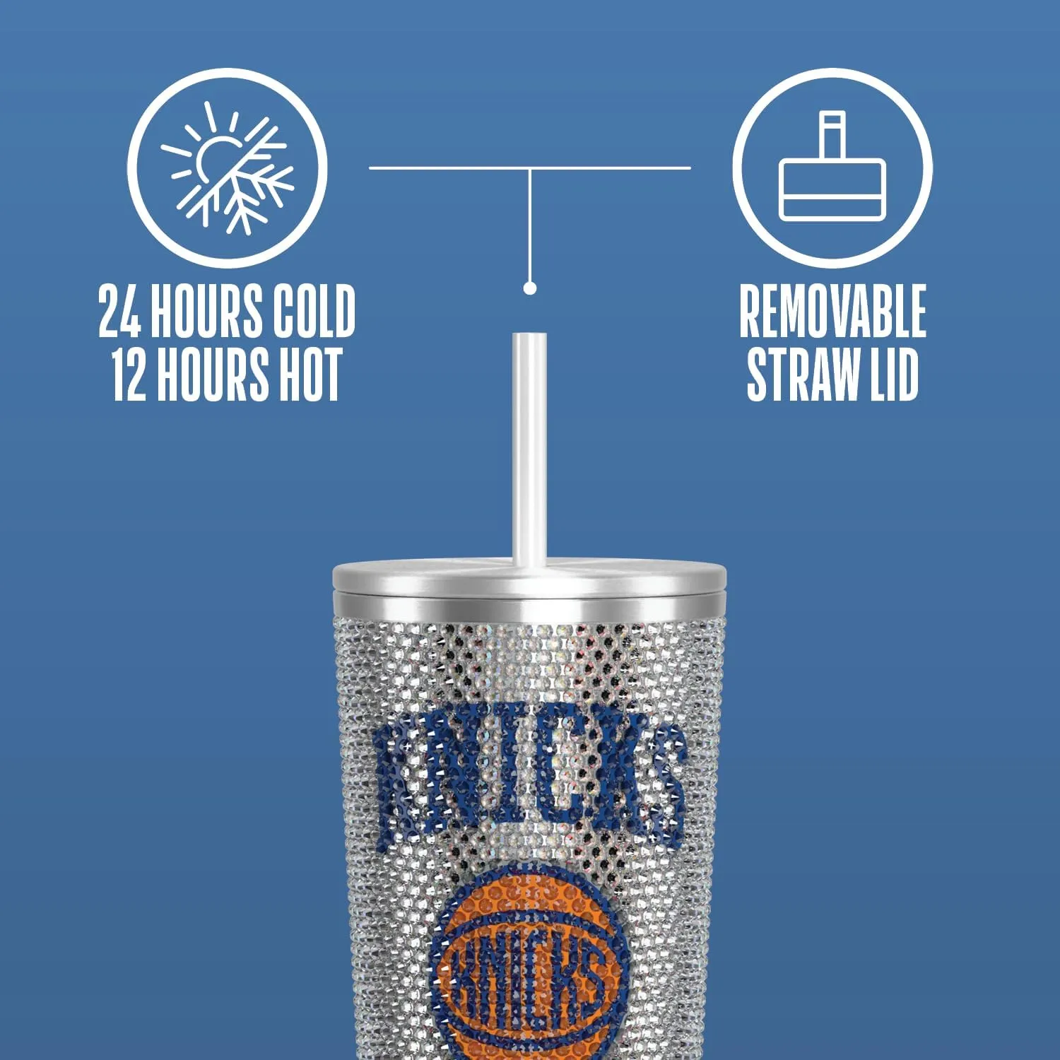 Hydrapeak x NBA Officially Licensed New York Knicks 25 oz Rhinestone Bling Tumbler with Straw Lid, Glitter Leakproof Stainless Steel Water Bottle