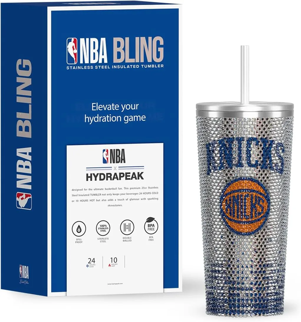 Hydrapeak x NBA Officially Licensed New York Knicks 25 oz Rhinestone Bling Tumbler with Straw Lid, Glitter Leakproof Stainless Steel Water Bottle