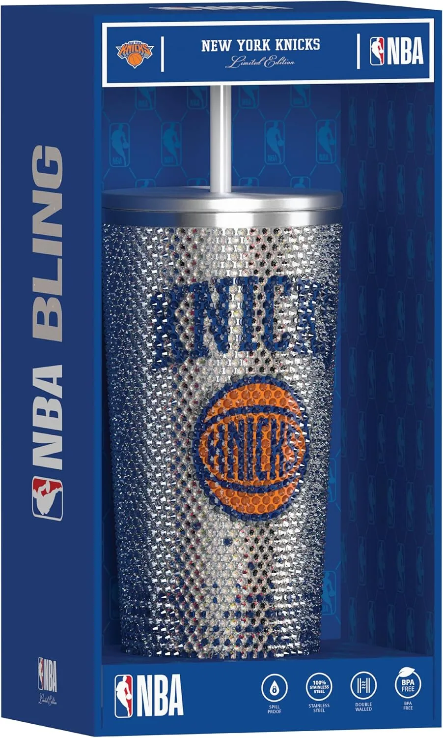 Hydrapeak x NBA Officially Licensed New York Knicks 25 oz Rhinestone Bling Tumbler with Straw Lid, Glitter Leakproof Stainless Steel Water Bottle