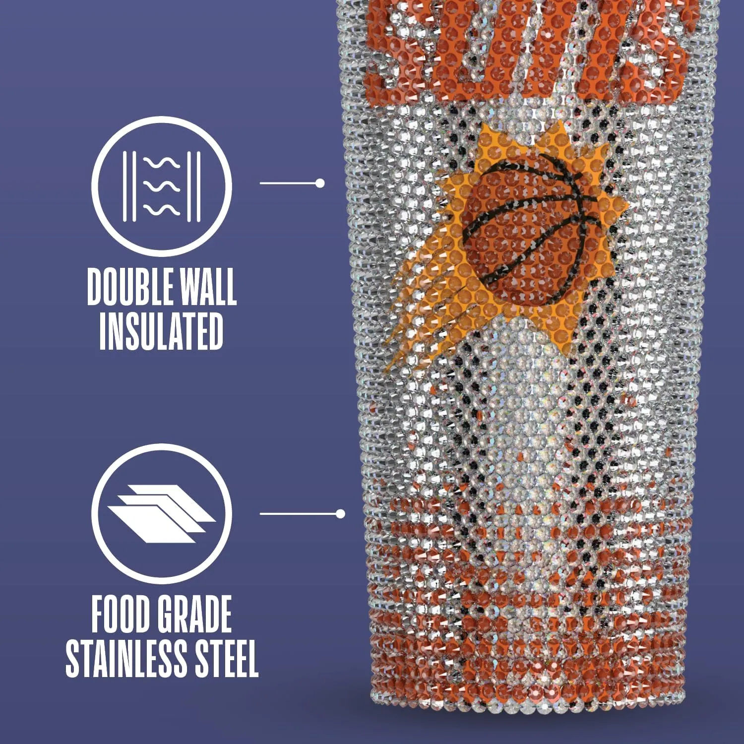 Hydrapeak x NBA Officially Licensed Phoenix Suns 25 oz Rhinestone Bling Tumbler with Straw Lid, Glitter Leakproof Stainless Steel Water Bottle