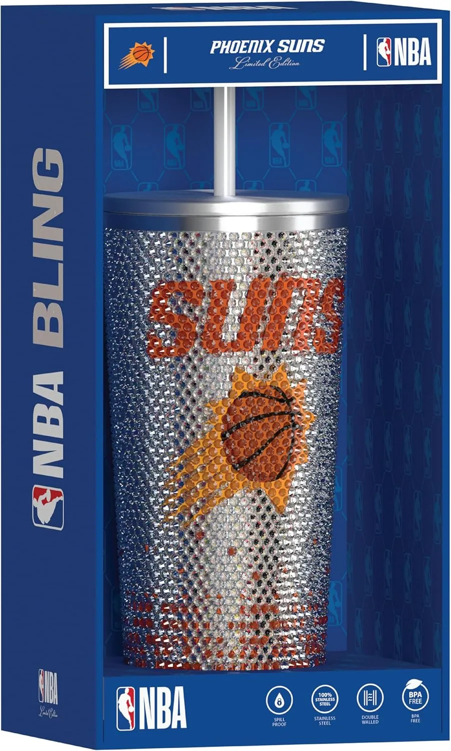 Hydrapeak x NBA Officially Licensed Phoenix Suns 25 oz Rhinestone Bling Tumbler with Straw Lid, Glitter Leakproof Stainless Steel Water Bottle