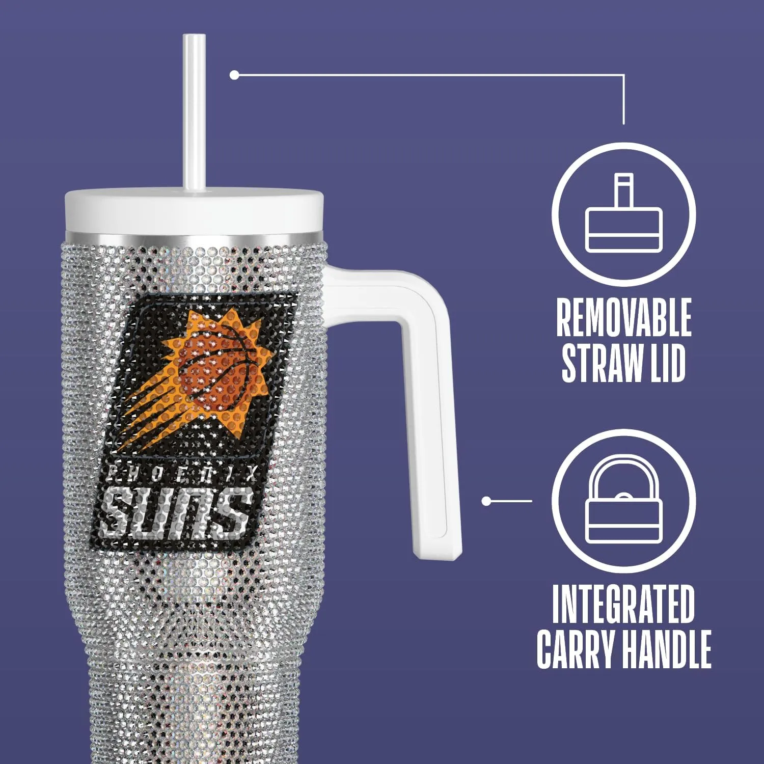 Hydrapeak x NBA Officially Licensed Phoenix Suns Voyager 40 oz Stainless Steel Bling Tumbler with Handle, Insulated Rhinestone Water Bottle With Straw & Lid, Includes Gift Box