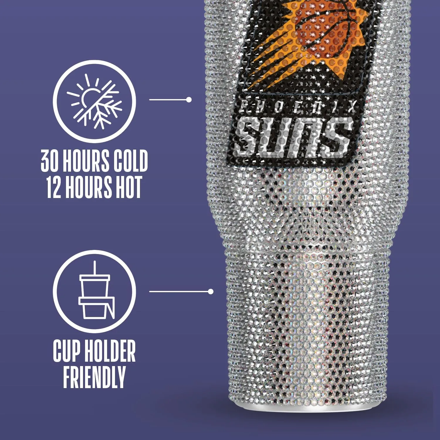 Hydrapeak x NBA Officially Licensed Phoenix Suns Voyager 40 oz Stainless Steel Bling Tumbler with Handle, Insulated Rhinestone Water Bottle With Straw & Lid, Includes Gift Box