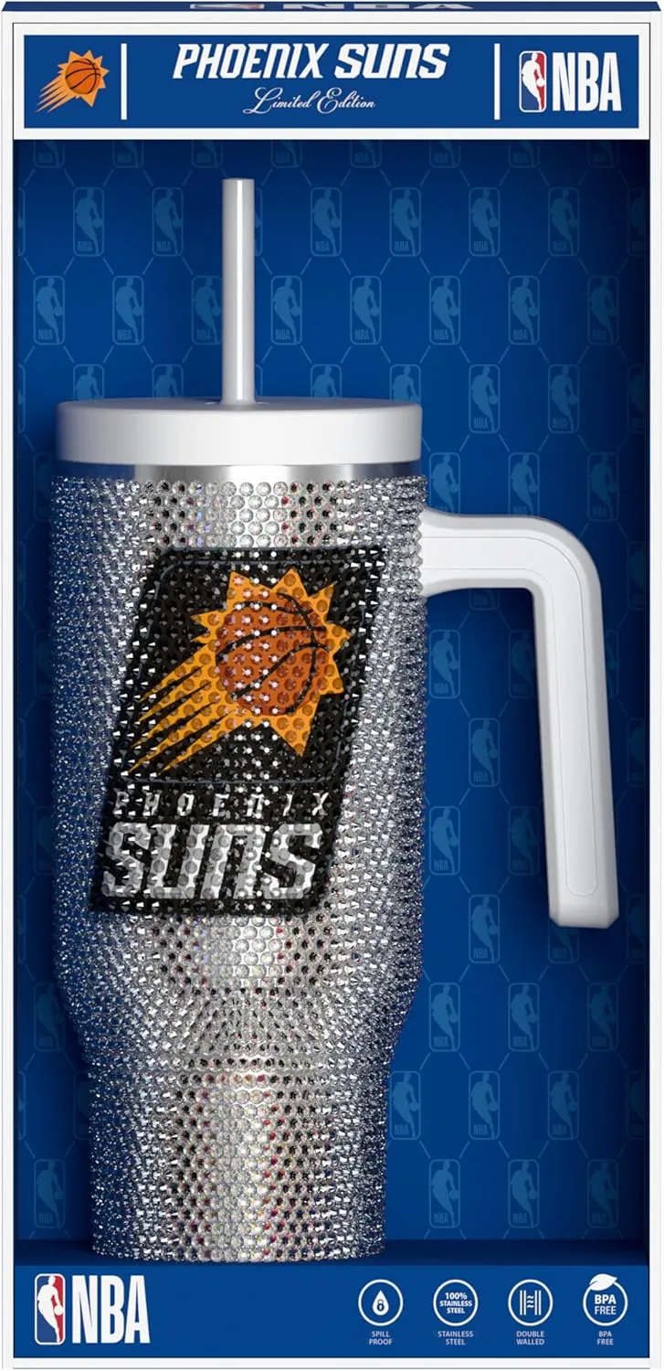 Hydrapeak x NBA Officially Licensed Phoenix Suns Voyager 40 oz Stainless Steel Bling Tumbler with Handle, Insulated Rhinestone Water Bottle With Straw & Lid, Includes Gift Box