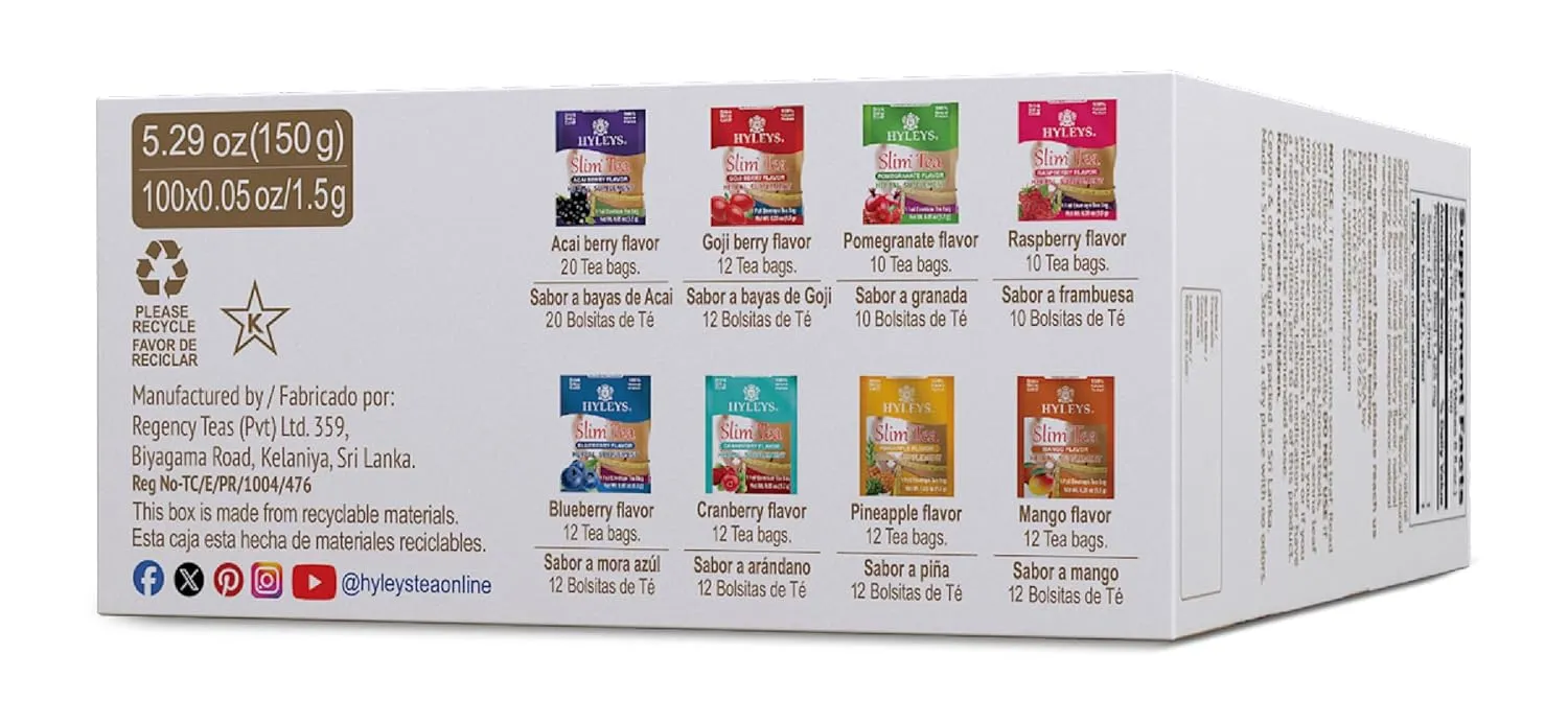 Hyleys Slim Tea 9 Flavor Assortment 100 Ct - Weight Loss Herbal Supplement Cleanse and Detox - 100 Tea Bags (1 Pack)