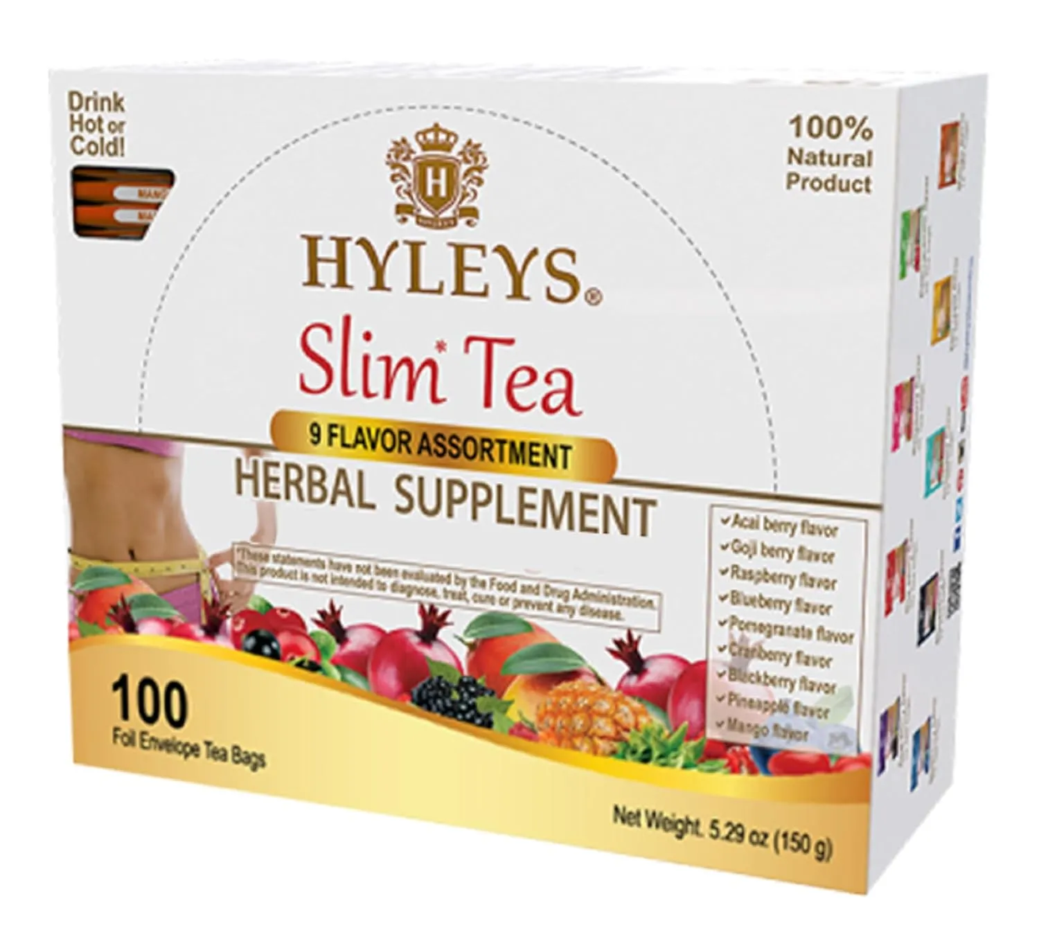 Hyleys Slim Tea 9 Flavor Assortment 100 Ct - Weight Loss Herbal Supplement Cleanse and Detox - 100 Tea Bags (1 Pack)