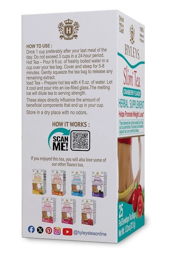 Hyleys Slim Tea Cranberry Flavor - Weight Loss Herbal Supplement Cleanse and Detox - 25 Tea Bags (1 Pack)