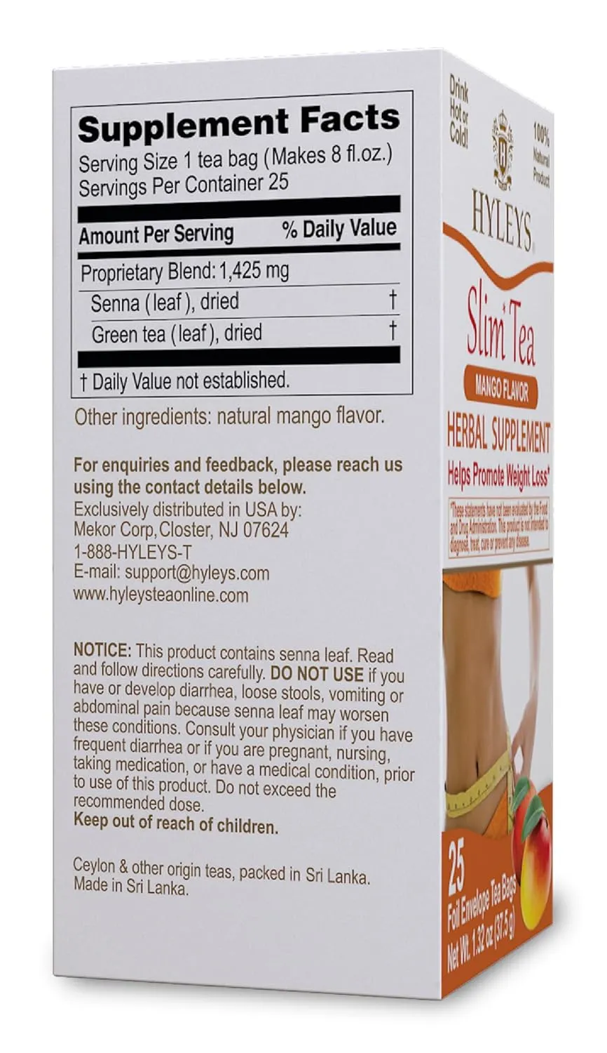 Hyleys Slim Tea Mango Flavor - Weight Loss Herbal Supplement Cleanse and Detox - 25 Tea Bags (12 Pack)