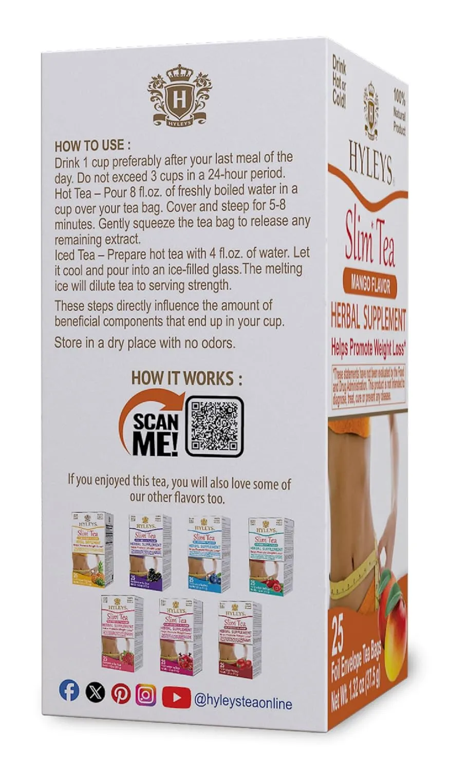 Hyleys Slim Tea Mango Flavor - Weight Loss Herbal Supplement Cleanse and Detox - 25 Tea Bags (12 Pack)
