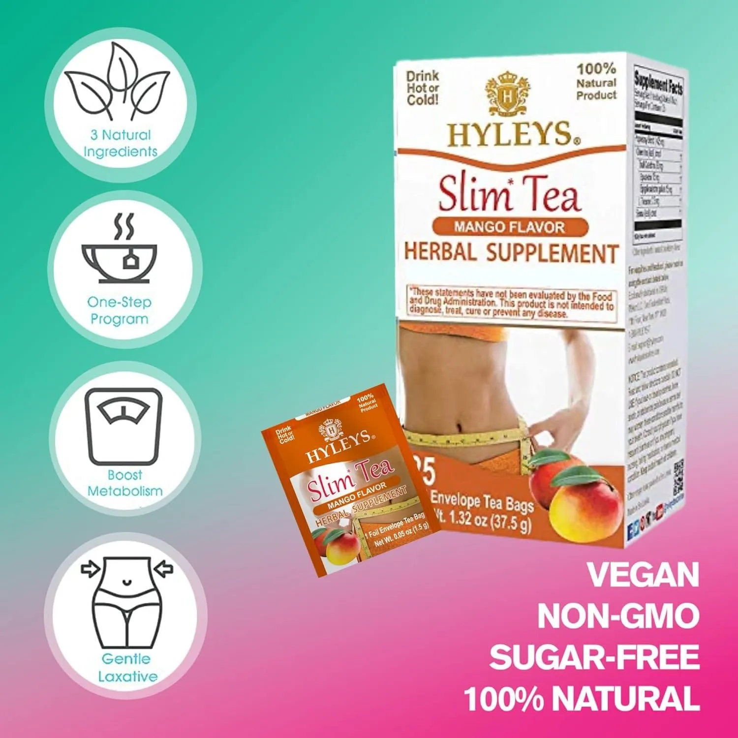 Hyleys Slim Tea Mango Flavor - Weight Loss Herbal Supplement Cleanse and Detox - 25 Tea Bags (12 Pack)