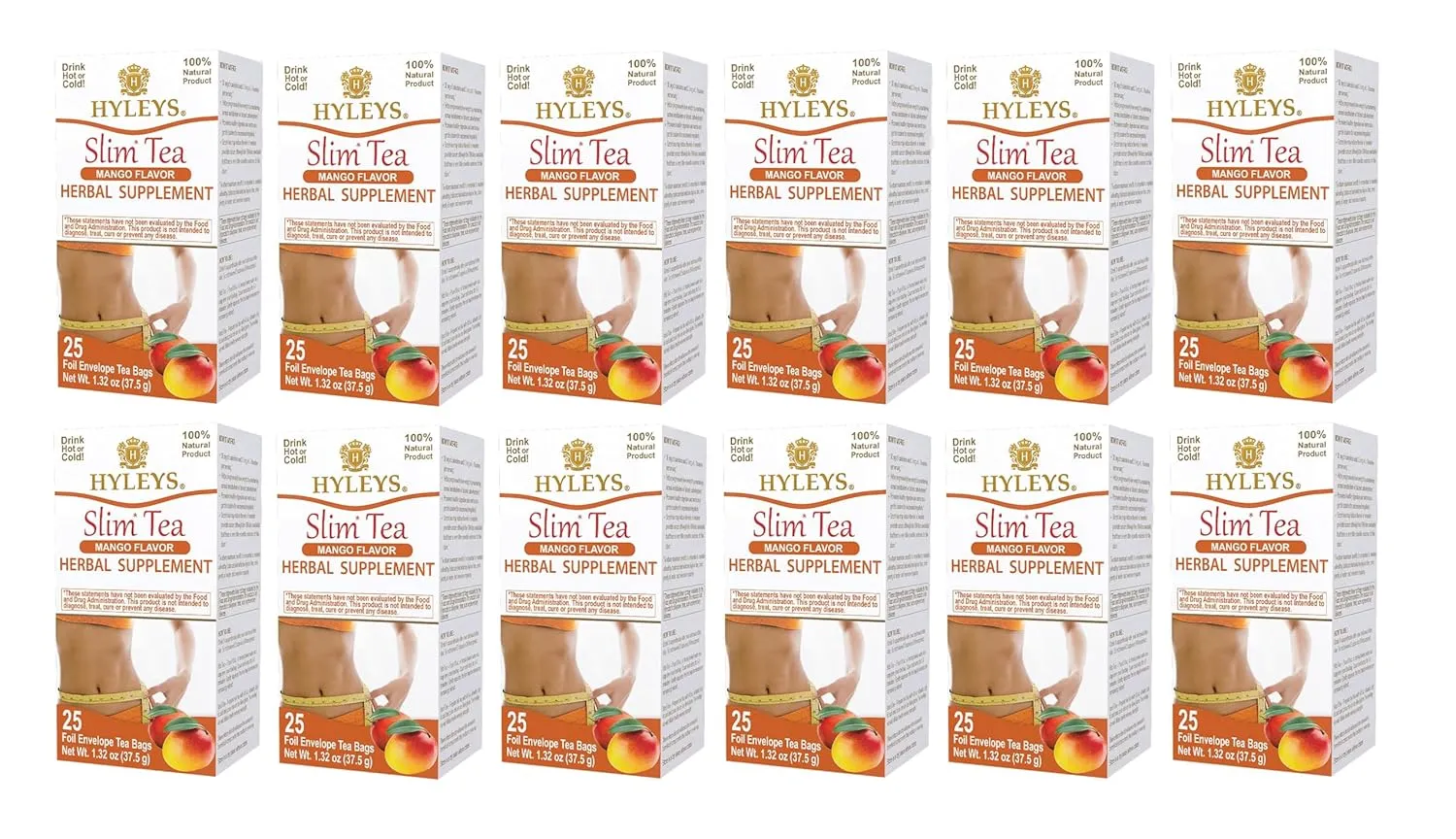Hyleys Slim Tea Mango Flavor - Weight Loss Herbal Supplement Cleanse and Detox - 25 Tea Bags (12 Pack)