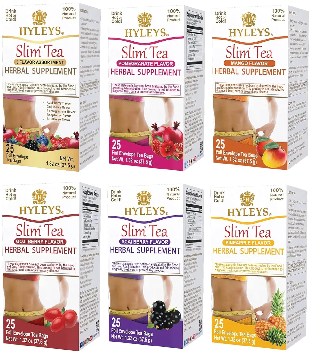 Hyleys Slim Tea Variety Pack – 6 Flavors Including 5 Flavor Assortment, Pomegranate, Mango, Goji Berry, Acai Berry, and Pineapple – 150 Tea Bags