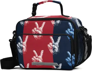 Independence Day Large Lunch Box for Boys Girls Patriotic 4th Of July Victory Sign Insulated Lunch Bag Reusable Kids Cooler Lunch Tote Bag with Shoulder Strap for School Travel Picnic