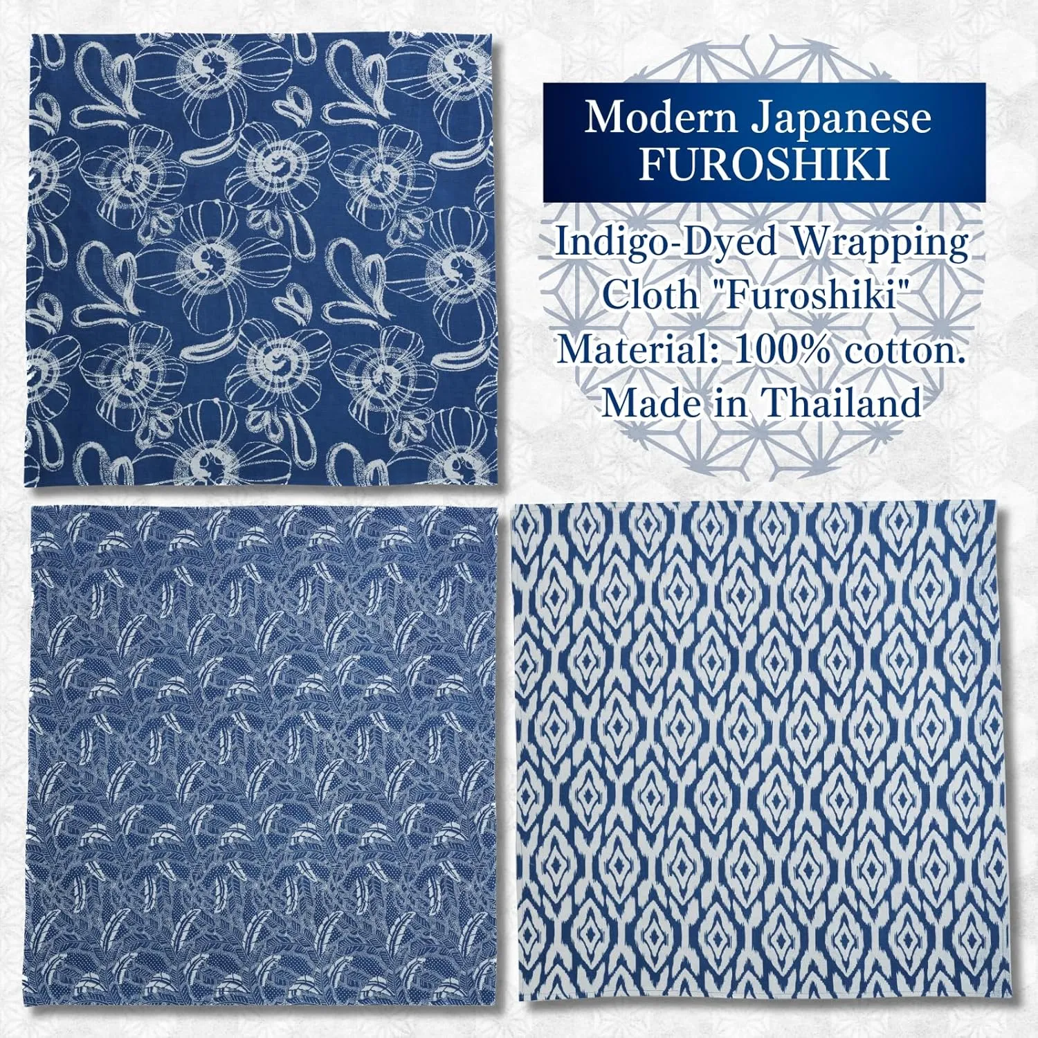 Indigo-Dyed Furoshiki Wrapping Cloth Grocery Eco Bag Modern Japanese Reusable Wrap Cotton 100%