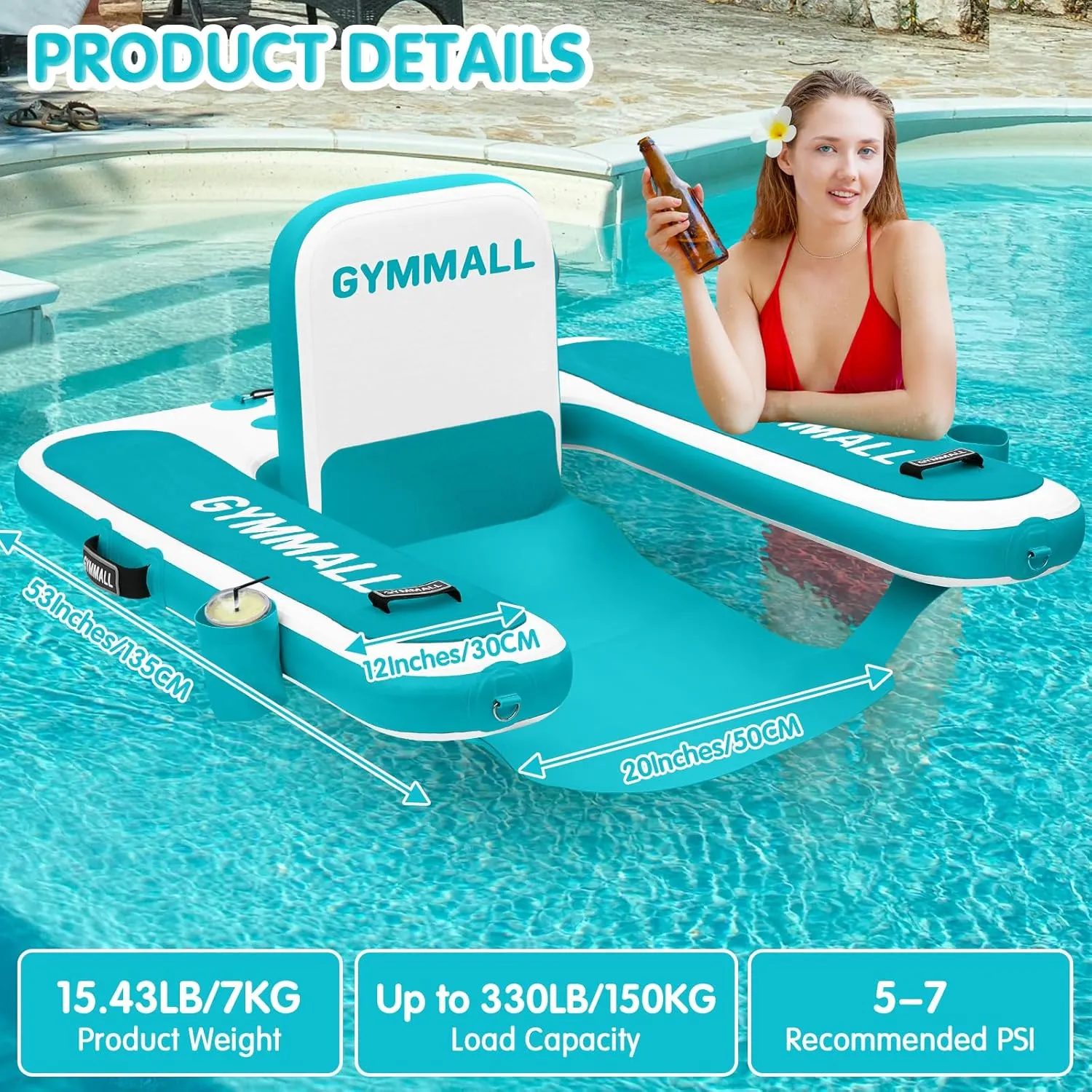 Inflatable Pool Lounger Float, Tanning Pool Chair Float for Adults, 47" L×39" W/53 L*43" W Sunchill Floating Chair Dock for Outdoor Lake, River and Beach with Storage Bag and 2 Cup Holders
