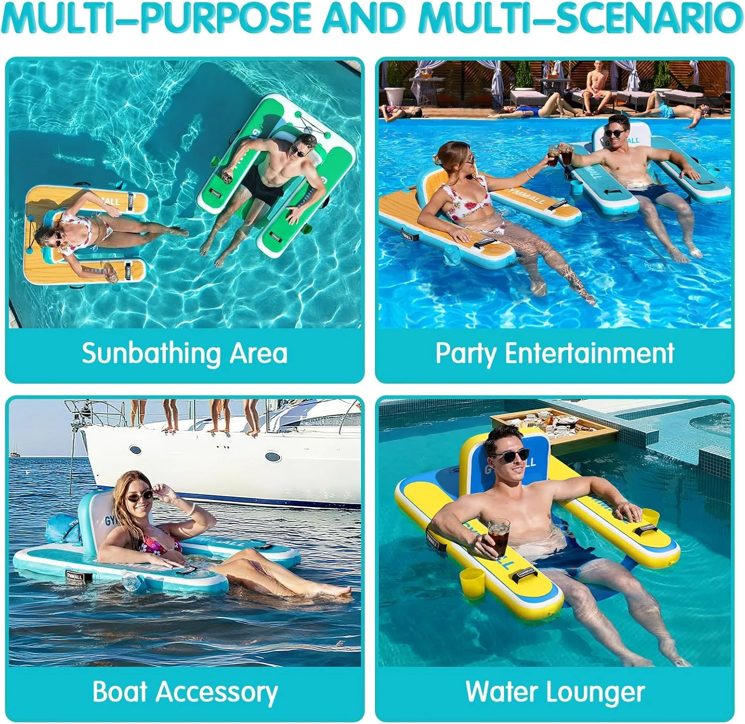 Inflatable Pool Lounger Float, Tanning Pool Chair Float for Adults, 47" L×39" W/53 L*43" W Sunchill Floating Chair Dock for Outdoor Lake, River and Beach with Storage Bag and 2 Cup Holders