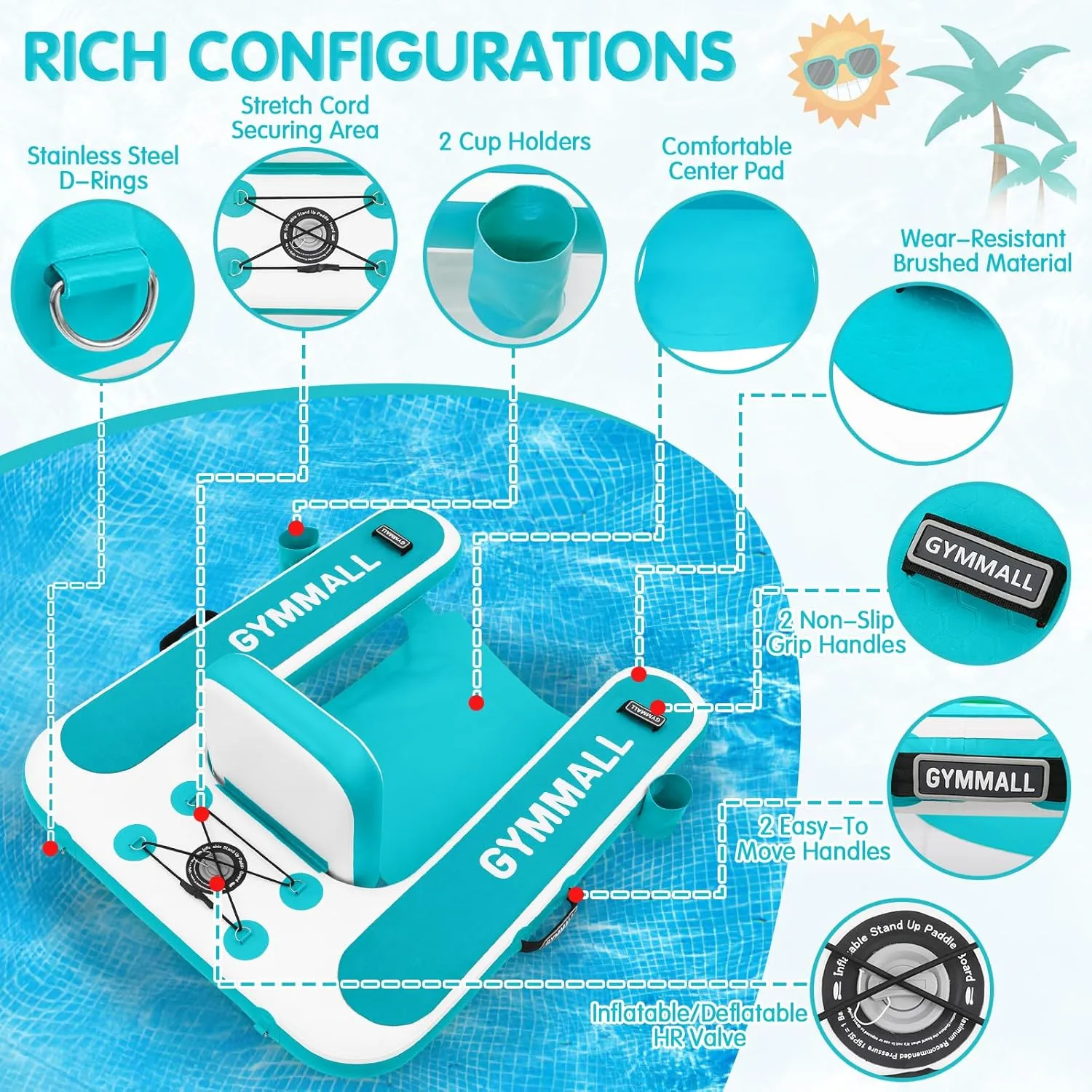 Inflatable Pool Lounger Float, Tanning Pool Chair Float for Adults, 47" L×39" W/53 L*43" W Sunchill Floating Chair Dock for Outdoor Lake, River and Beach with Storage Bag and 2 Cup Holders