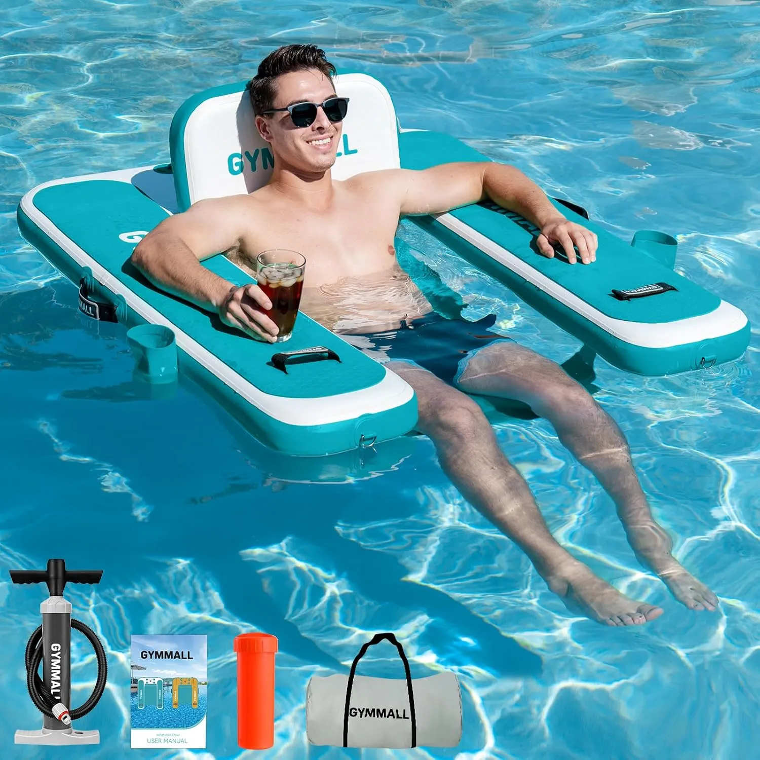 Inflatable Pool Lounger Float, Tanning Pool Chair Float for Adults, 47" L×39" W/53 L*43" W Sunchill Floating Chair Dock for Outdoor Lake, River and Beach with Storage Bag and 2 Cup Holders