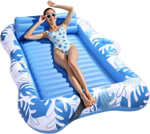 Inflatable Tanning Pool Lounger Float for 2 Person, Extra Large Floating Lounge Chair with Cup Holders, 2-in-1 Sunbathing Raft & Pool Float for Adults, Portable Airbed for Beach, Lake, Backyard