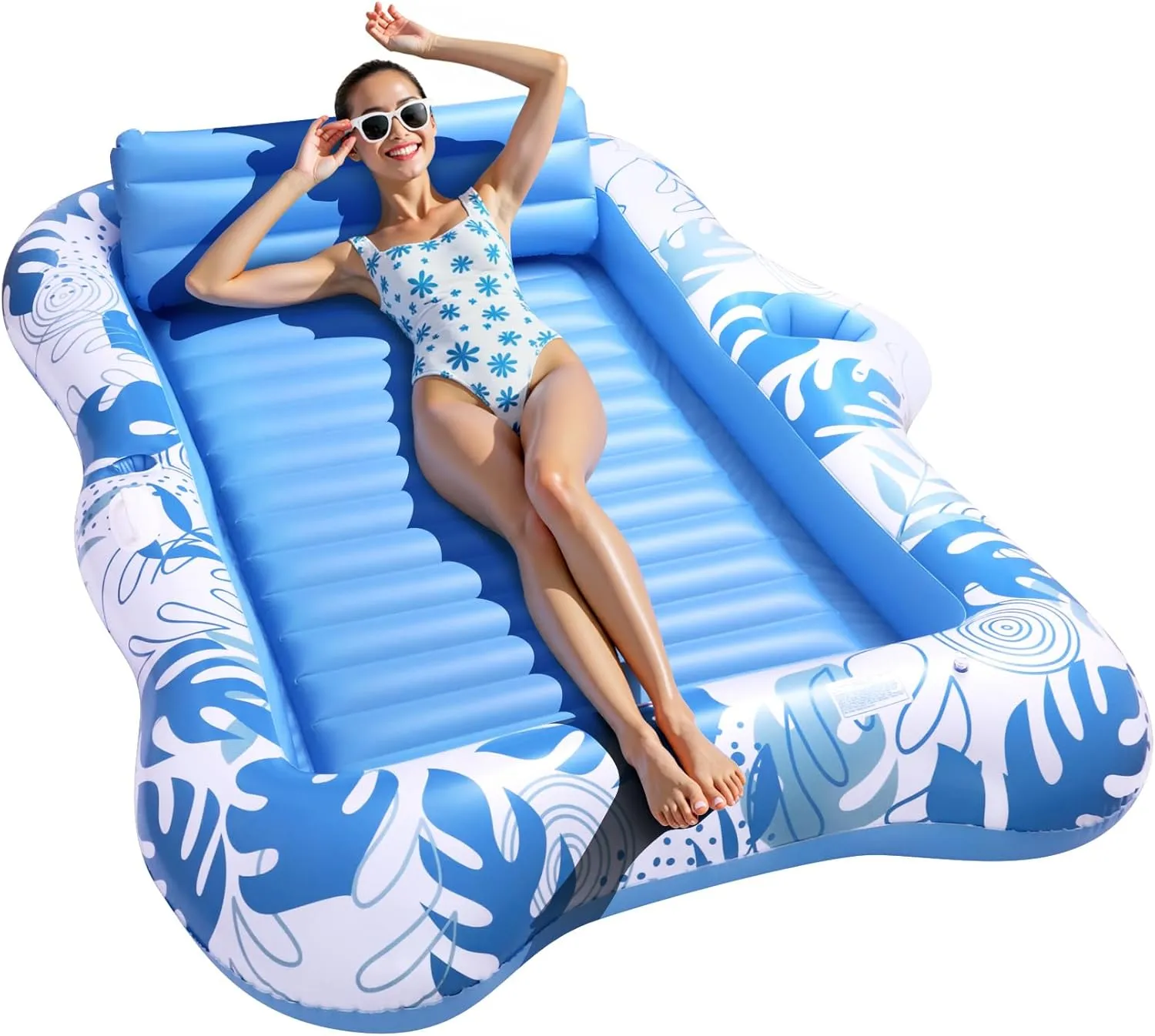 Inflatable Tanning Pool Lounger Float for 2 Person, Extra Large Floating Lounge Chair with Cup Holders, 2-in-1 Sunbathing Raft & Pool Float for Adults, Portable Airbed for Beach, Lake, Backyard