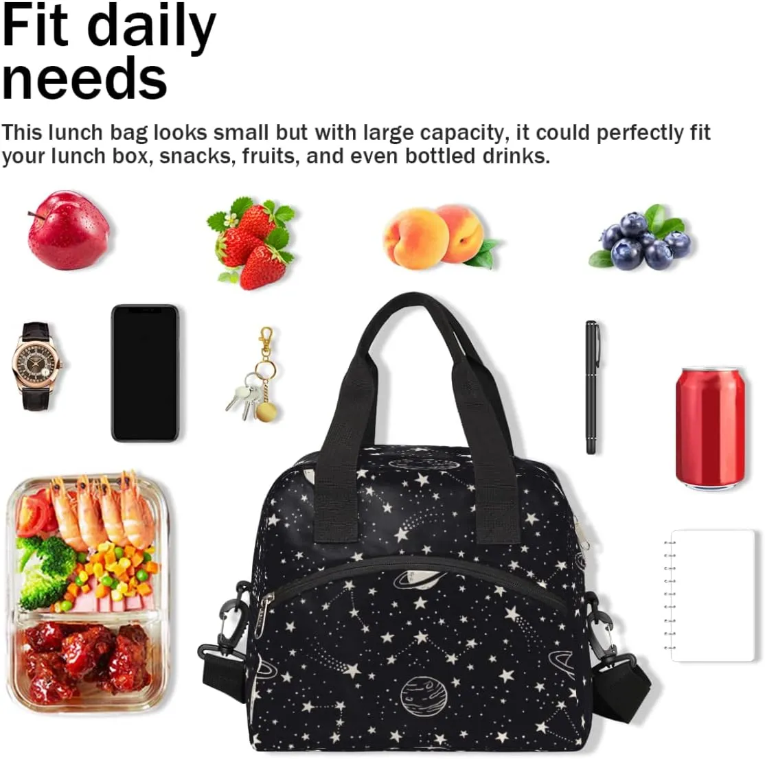 Insulated Lunch Bag Women Men Planets Comets Stars Large Reusable Lunch Box Leakproof Lunch Tote Bag Cooler Bag with Adjustable Shoulder Strap Travel Picnic Work Beach