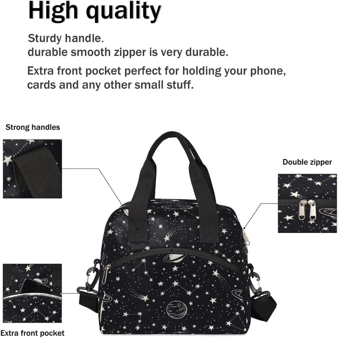 Insulated Lunch Bag Women Men Planets Comets Stars Large Reusable Lunch Box Leakproof Lunch Tote Bag Cooler Bag with Adjustable Shoulder Strap Travel Picnic Work Beach