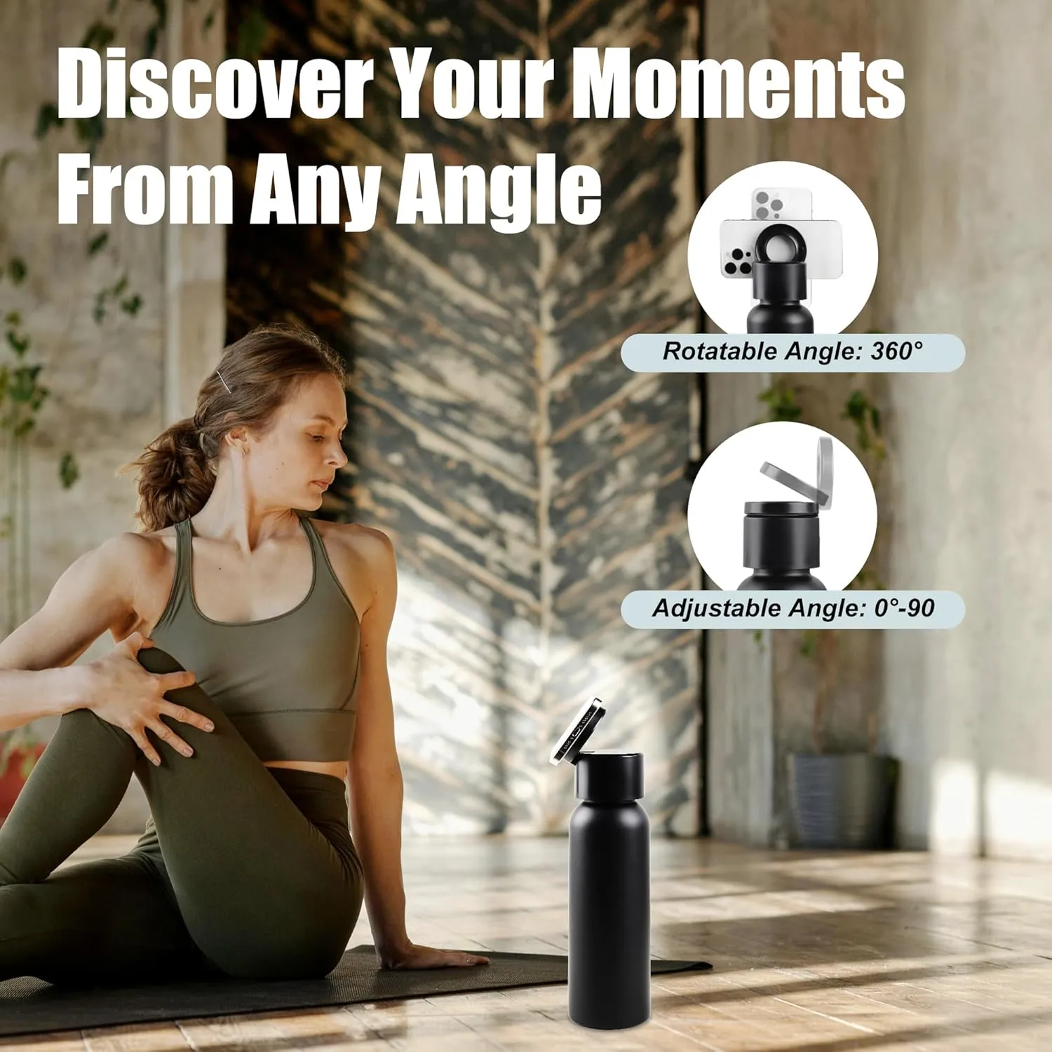 Insulated Water Bottle Compatible with Magsafe Holder, Magnetic Water Bottle Stainless Steel Water Cup Phone Mount Flask Leak-Proof Hot 12H Cold 24H Sports Car Cup Holder 32oz Black