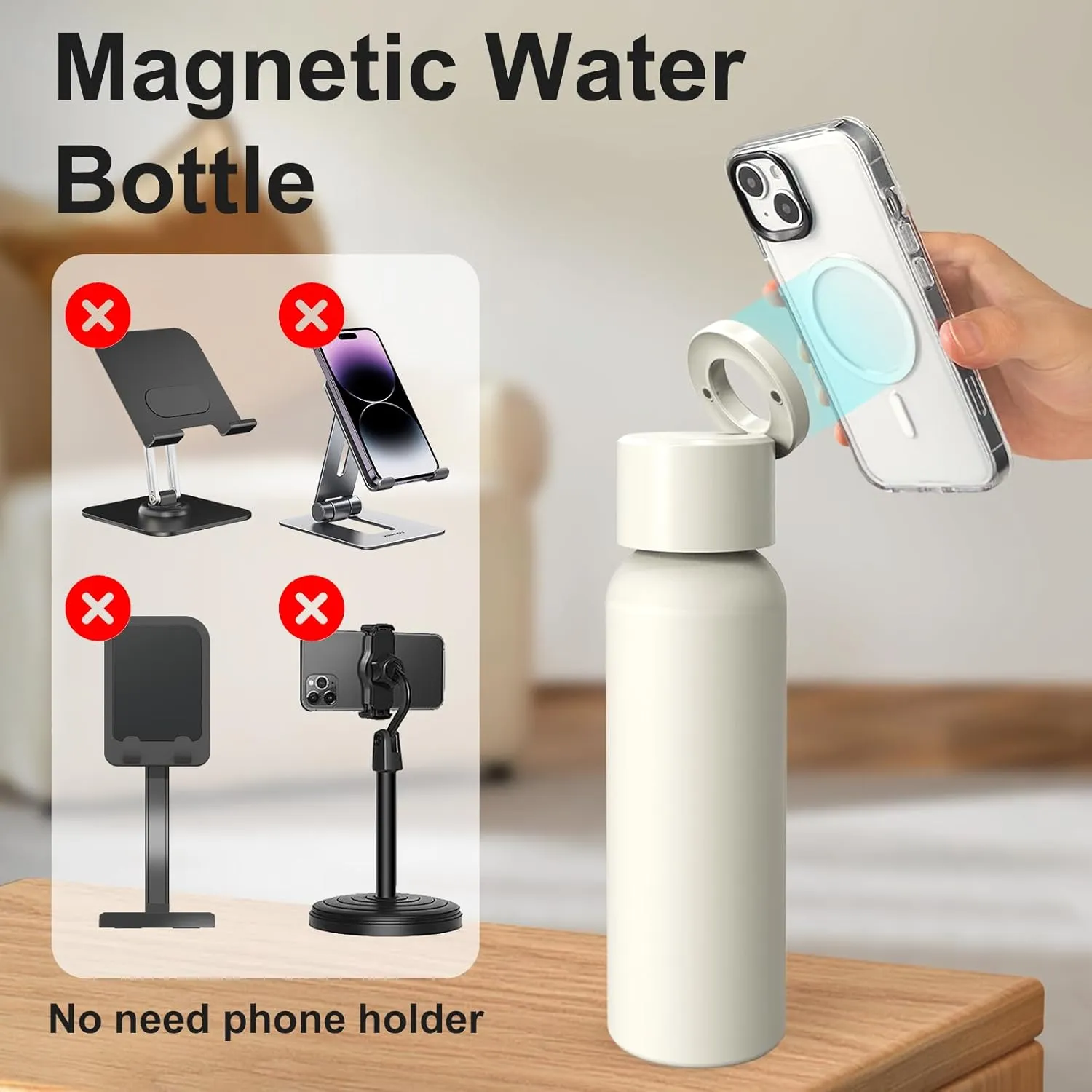 Insulated Water Bottle Compatible with Magsafe Holder, Magnetic Water Bottle Stainless Steel Water Cup Phone Mount Flask Leak-Proof Hot 12H Cold 24H Sports Car Cup Holder 32oz Black