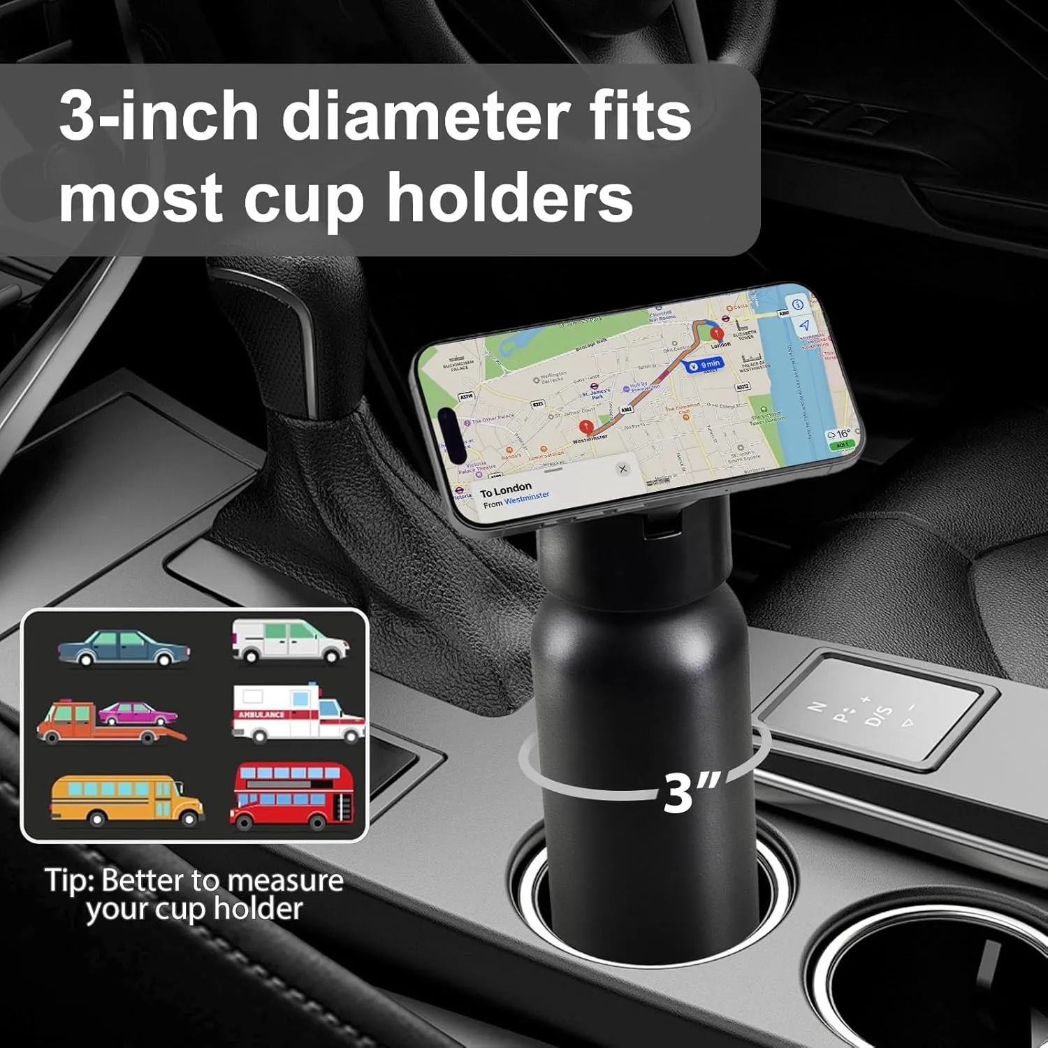 Insulated Water Bottle Compatible with Magsafe Holder, Magnetic Water Bottle Stainless Steel Water Cup Phone Mount Flask Leak-Proof Hot 12H Cold 24H Sports Car Cup Holder 32oz Black