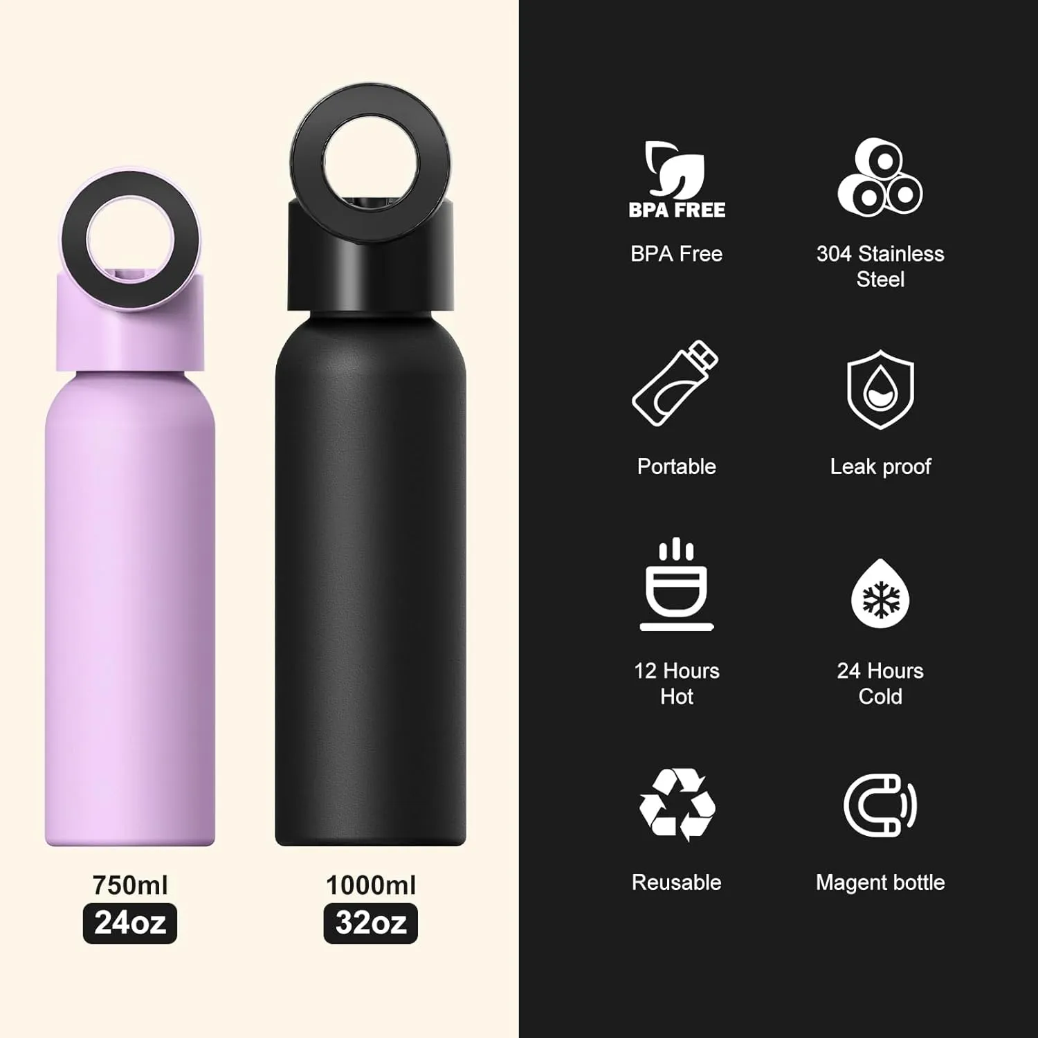 Insulated Water Bottle Compatible with Magsafe Holder, Magnetic Water Bottle Stainless Steel Water Cup Phone Mount Flask Leak-Proof Hot 12H Cold 24H Sports Car Cup Holder 32oz Black