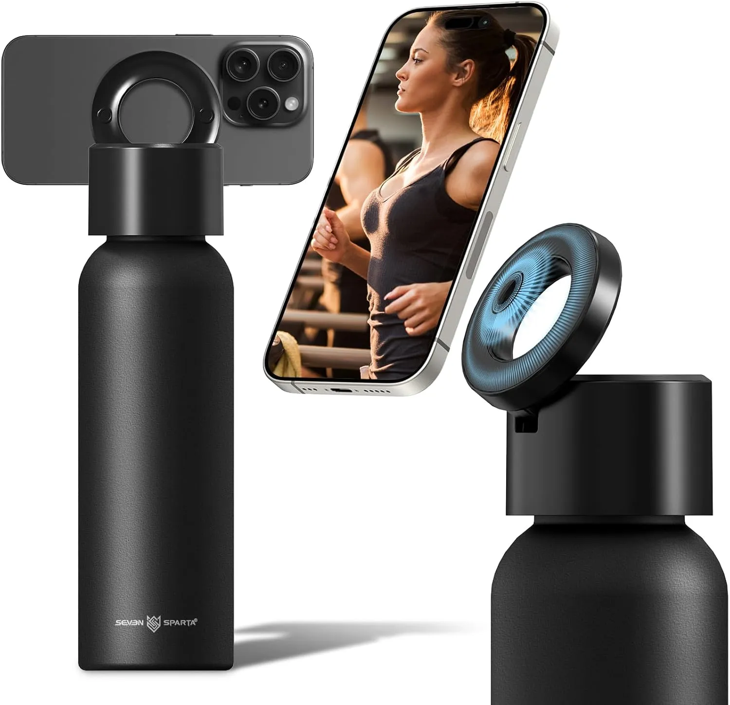 Insulated Water Bottle Compatible with Magsafe Holder, Magnetic Water Bottle Stainless Steel Water Cup Phone Mount Flask Leak-Proof Hot 12H Cold 24H Sports Car Cup Holder 32oz Black