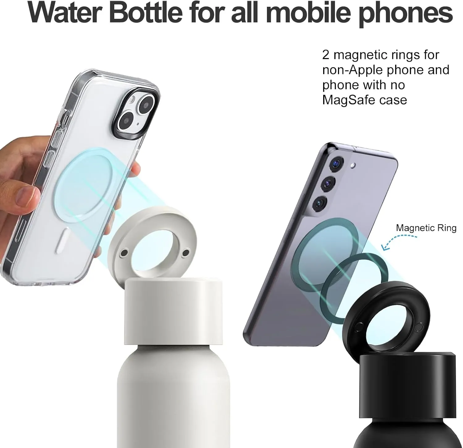 Insulated Water Bottle Compatible with Magsafe Holder, Magnetic Water Bottle Stainless Steel Water Cup Phone Mount Flask Leak-Proof Hot 12H Cold 24H Sports Car Cup Holder 32oz Black