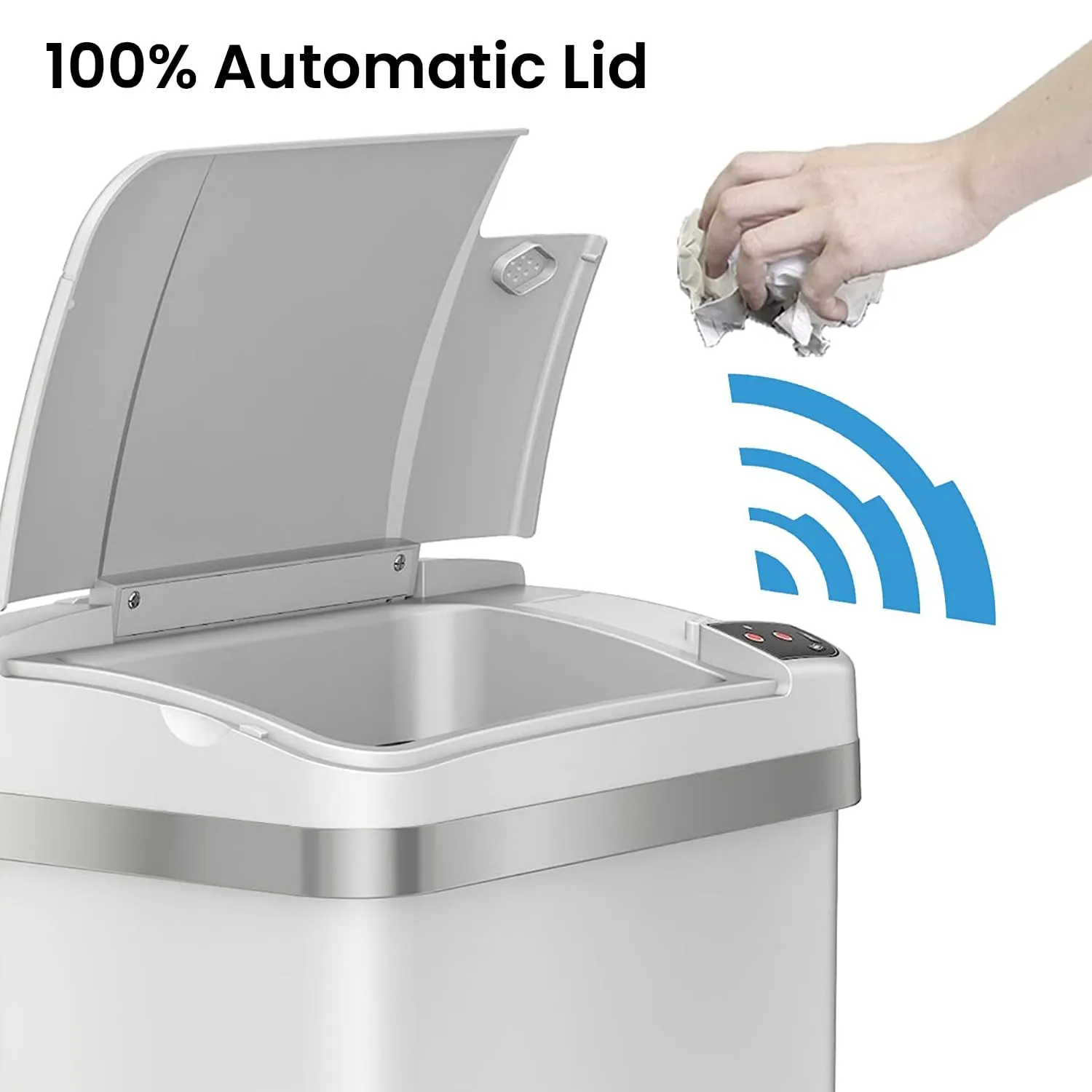 iTouchless 2.5 Gallon Sensor Bathroom Trash Can with Odor Absorber and Fragrance Pack Home Office 9.5L White Wastebasket Rectangular Stainless Steel Automatic Small Motion Sensor Garbage Bin with Lid