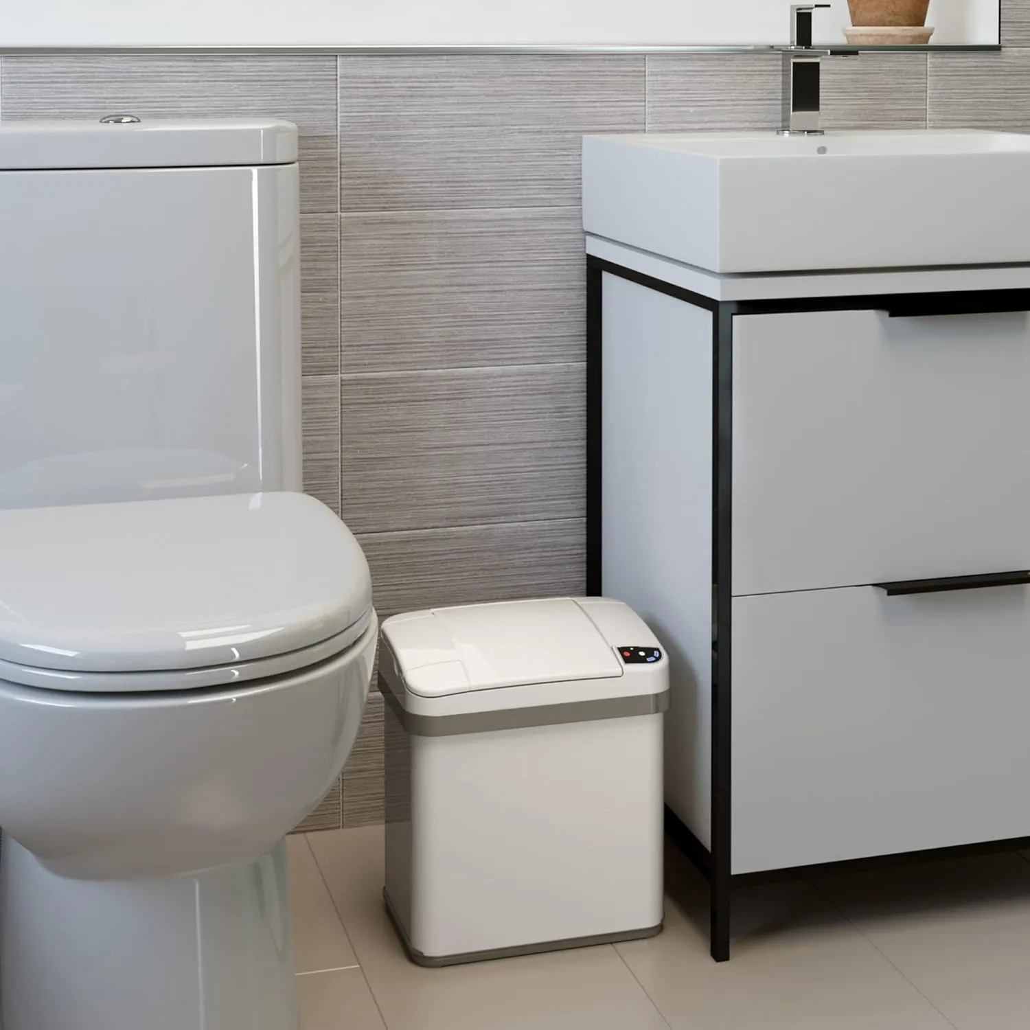 iTouchless 2.5 Gallon Sensor Bathroom Trash Can with Odor Absorber and Fragrance Pack Home Office 9.5L White Wastebasket Rectangular Stainless Steel Automatic Small Motion Sensor Garbage Bin with Lid