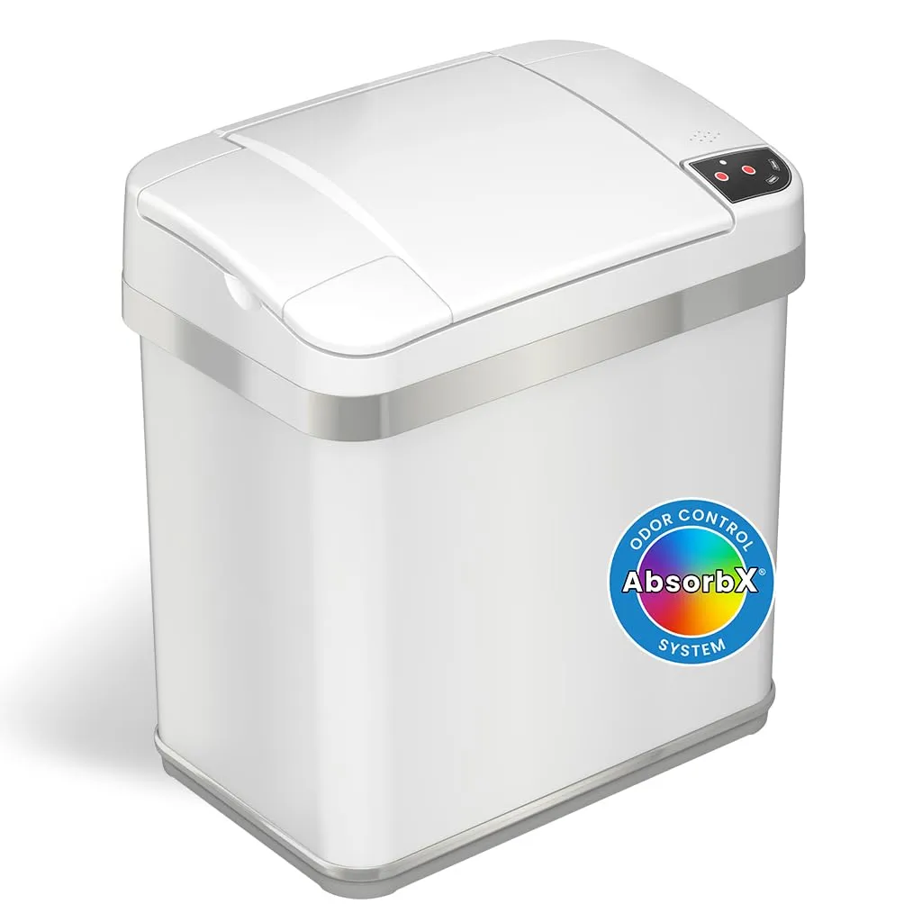 iTouchless 2.5 Gallon Sensor Bathroom Trash Can with Odor Absorber and Fragrance Pack Home Office 9.5L White Wastebasket Rectangular Stainless Steel Automatic Small Motion Sensor Garbage Bin with Lid