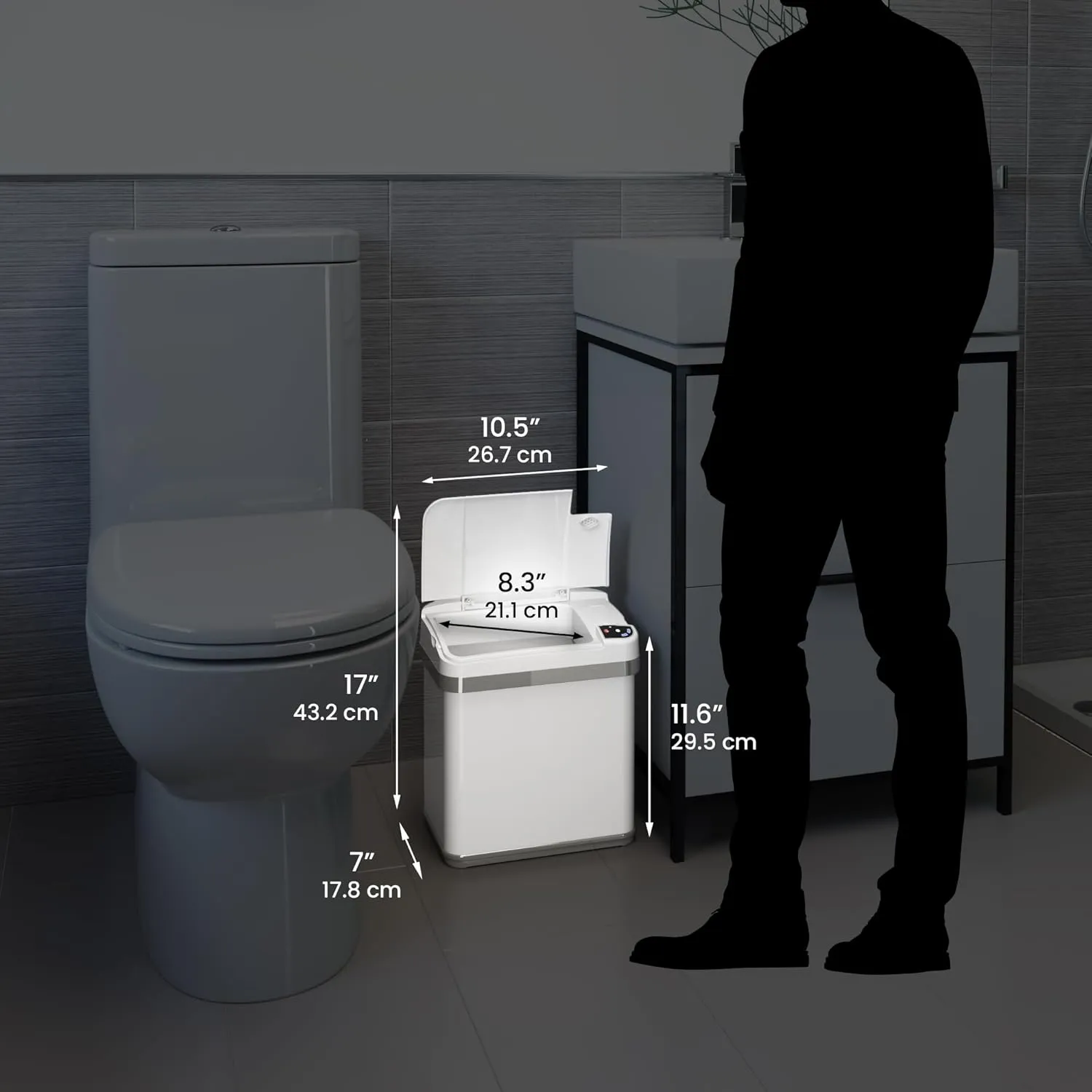 iTouchless 2.5 Gallon Sensor Bathroom Trash Can with Odor Absorber and Fragrance Pack Home Office 9.5L White Wastebasket Rectangular Stainless Steel Automatic Small Motion Sensor Garbage Bin with Lid