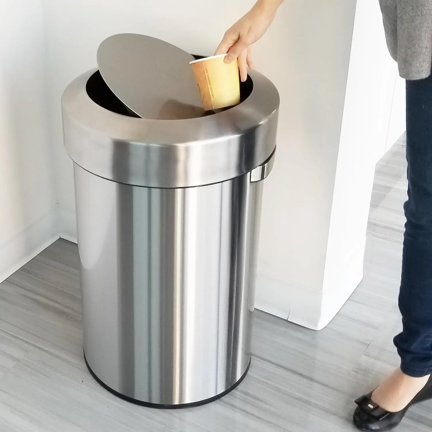 iTouchless Titan 17 Gallon Swing Open Trash Can, Stainless Steel Self-Balance Flip Top Lid Commercial Grade 64 Liter Garbage Can is Perfect for Business, Restaurant, Office and Kitchen